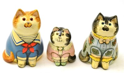 Lot 371 - Three Joan and David De Bethel Rye Sussex painted pottery seated cats dated 1988 and 1981