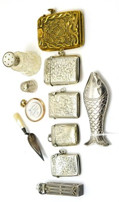 Lot 382 - Four silver vesta cases, silver thimble, small glass pepperette with mother-of-pearl and silver...