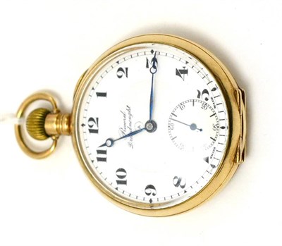 Lot 387 - A 9ct gold open faced pocket watch, the white enamel dial with Arabic numerals, subsidiary dial and