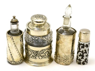 Lot 392 - Opaque glass scent bottle with painted decoration and silver mount, two scent bottles and...