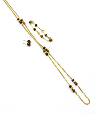 Lot 393 - A 9ct gold tigers-eye necklace, bracelet and pair of earrings