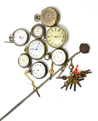 Lot 406 - A silver pocket watch, silver curb link chain and seal, fob watches, keys