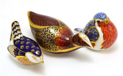 Lot 419 - Royal Crown Derby paperweights robin, wren and game bird (3) all gold stoppers