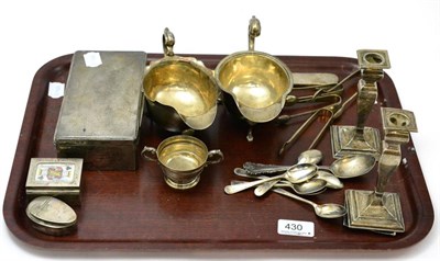 Lot 430 - A group of silver including George III snuff box, card box, pair of baluster candlesticks,...