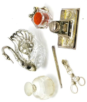 Lot 431 - Swan, with crystal body and hallmarked silver head, neck and wings, a plated inkwell, a pen...