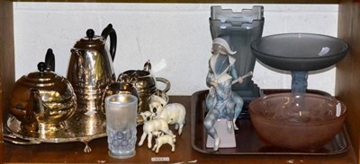 Lot 441 - Beswick sheep, Joblings vase, two Lladro figures, plated tray, EPBM teaset and press moulded glass