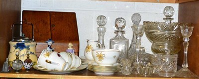 Lot 454 - A cut glass pedestal bowl, Wedgwood part tea service, glass decanters, Royal Doulton figure 'Marie'