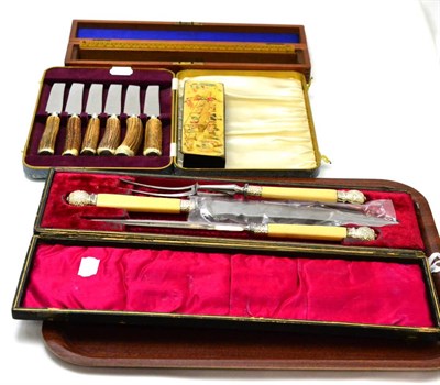 Lot 462 - A cased carving set, cased modern steak knives, mahogany hinged rule box and an ebonised pen...