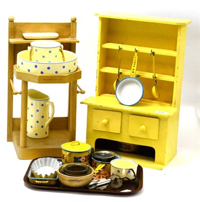 Lot 464 - Doll's yellow painted dresser and rack together with painted tin and other accessories; and a...