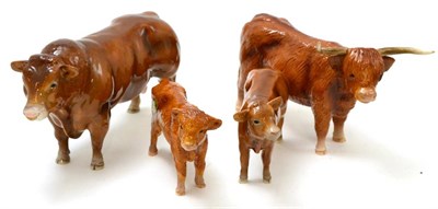 Lot 472 - Beswick cattle including Highland cow and calf and a Limousin bull and calf with boxes (4)