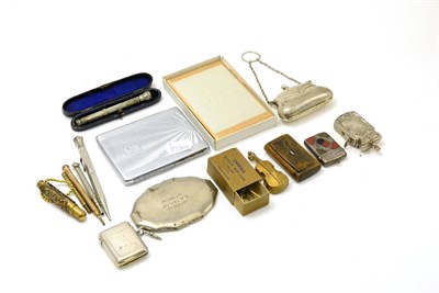 Lot 477 - A brass cello vesta case, plated Queen's Crown vesta, two silver vesta cases, six pencils,...