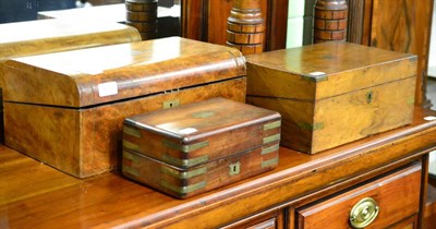 Lot 485 - Three 19th century boxes including a brass inlaid walnut writing slope and two mahogany examples