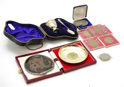 Lot 533 - A silver dish, a silver Christening egg cup and spoon, a group of coins and a white metal...