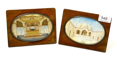 Lot 549 - A pair of Indian miniatures with palace and palace interior, oval panels 12.5cm diameter