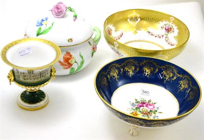 Lot 560 - Spode commemorative bowl and vase, Herend tureen and cover and a floral decorated Coalport bowl (4)