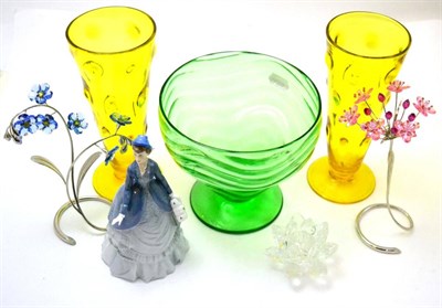 Lot 563 - Pair of Webb flared yellow glass vases, Webb green glass bowl, Royal Worcester figure,...