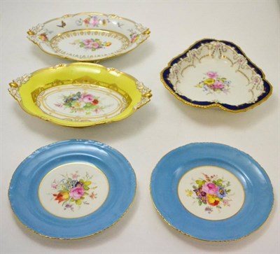 Lot 566 - Royal Crown Derby shaped dish hand decorated with flowers to the centre, pair of cabinet plates and