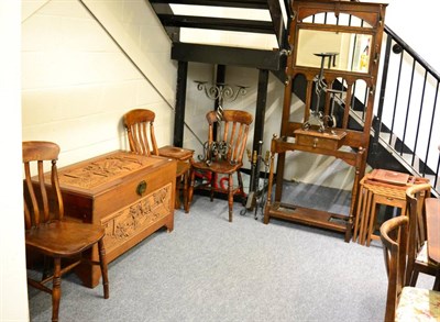 Lot 1006 - Camphor wood chest, three nests of carved Eastern occasional tables, four Windsor style kitchen...