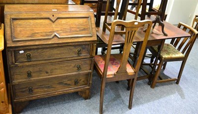 Lot 1007 - Oak drop leaf table, pair of country style dining chairs, four others, oak bureau and two...