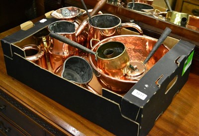 Lot 1011 - Eleven pieces of 19th century copper and brass including pans, jugs, measures etc