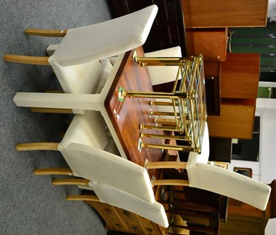 Lot 1015 - Modern kitchen table with white painted legs and six cream upholstered chairs