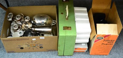 Lot 1026 - A quantity of silver plated ware including tea service, breakfast dish, candelabra etc, a set...