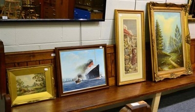 Lot 1042 - A group of four decorative pictures including an Edwardian landscape watercolour, 1970's...