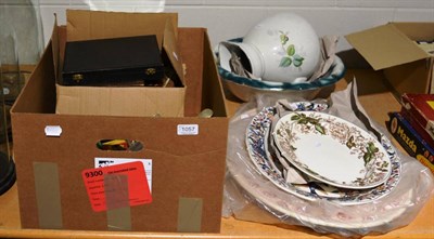 Lot 1057 - A mirror, a plated canteen of cutlery, cigarette cards, plated flatware and meat plates etc