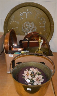 Lot 1061 - A 19th century copper and brass ware, an Indian tray, jam pans and a circular footstool