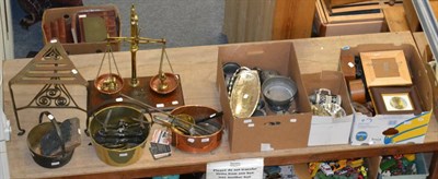 Lot 1066 - A group of pewter including an Art Nouveau footed bowl, brass scales, jam pans, trivet, copper pan