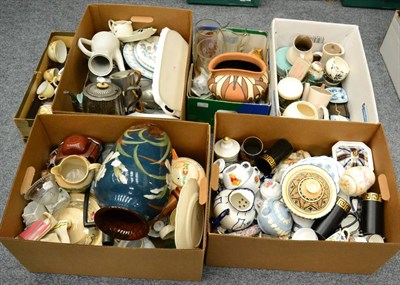 Lot 1073 - Quantity of assorted china, pottery, glassware, boxes tea set, pewter etc (in five boxes)