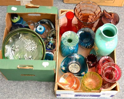 Lot 1079 - A collection of Victorian and later coloured glass including vases, bows etc (in two boxes)