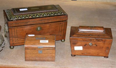 Lot 1089 - Two Regency rosewood tea caddies and a mahogany example (3)