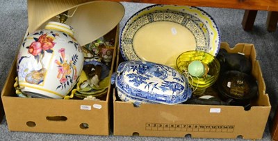 Lot 1094 - Two boxes including decorative ceramics and glassware, modern rug etc