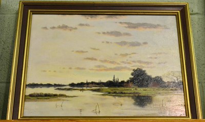 Lot 1115 - Richard Halfnight (1855-1925), An estuary scene with buildings at sunset, signed oil on board