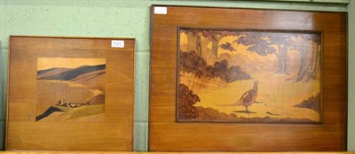 Lot 1121 - An early 20th century marquetry panel, pheasants and another of Robin Hood's Bay (2)