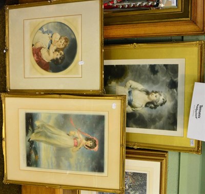 Lot 1127 - Two gilt framed colour mezzotints, portraits of ladies, and a colour engraving, study of two...