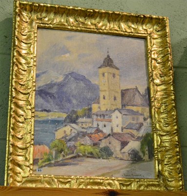 Lot 1133 - Owen Bowen, View of an Austrian town beside a lake, signed, oil on canvas