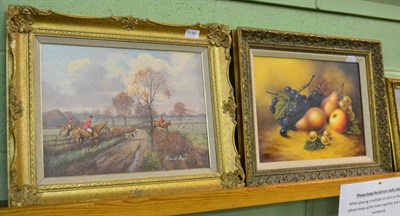 Lot 1136 - Donald Ayres, Hunting scene, signed, oil on canvas, together with a further still life of pears and