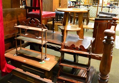 Lot 1184 - An oak refectory style table, single dining chair, modern hanging wall shelf, oak occasional table