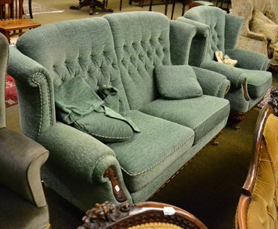 Lot 1245 - Modern green velvet upholstered two seater settee and matching armchair with mahogany mounts