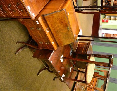 Lot 1258 - A walnut writing desk with locking slope (with key) and an Edwardian inlaid chair (2)