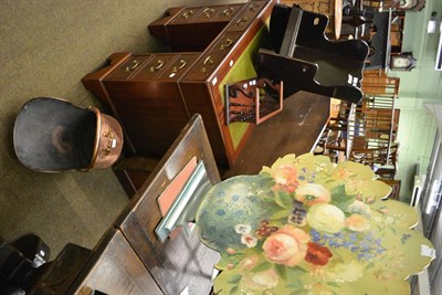 Lot 1273 - A reproduction mahogany bookshelf with carved ends, copper coal hood, child's rocker and a...