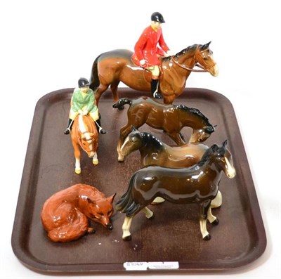 Lot 1 - Beswick huntsman (a.f.), boy on pony, pony and fox, with two other horse models (6)