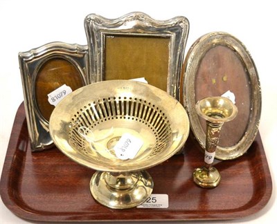 Lot 25 - Three silver mounted photograph frames, a silver posy vase (loaded) and a pierced silver...