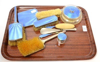 Lot 27 - Blue enamel and silver mounted dressing table set