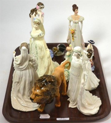 Lot 29 - A collection of Coalport china wedding figures, Beswick lion and Doulton figures (on two trays)