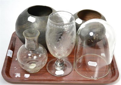 Lot 31 - A 19th century etched glass oversized goblet, an etched glass bottle vase, a bell jar cover and two