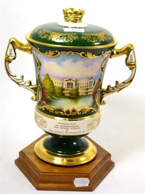 Lot 32 - An Aynsley twin handled cup and cover made for Silver Jubilee, on a wood stand, boxed