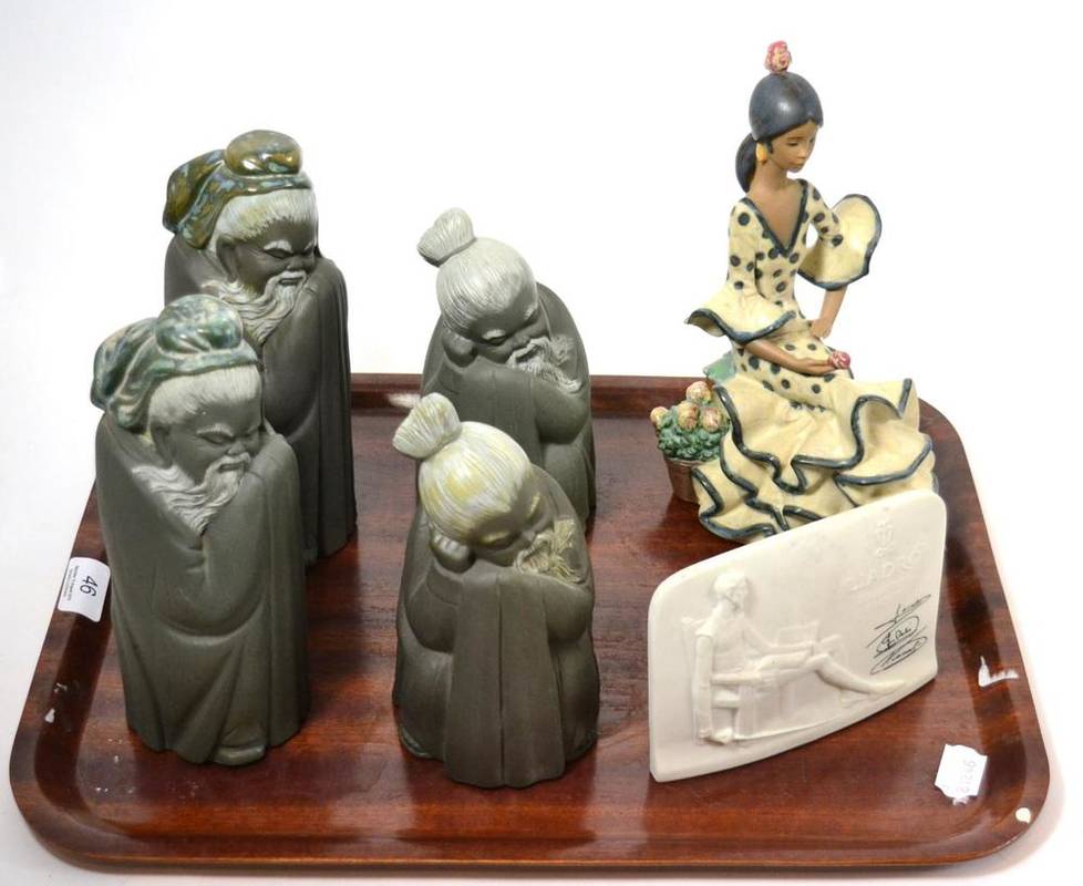 Lot 46 - Lladro Spanish dancer, Lladro plaque, two tall Lladro Chinese gentlemen and two short Lladro...